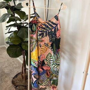 Tropical Leaf Print Slip Dress - Multicolor